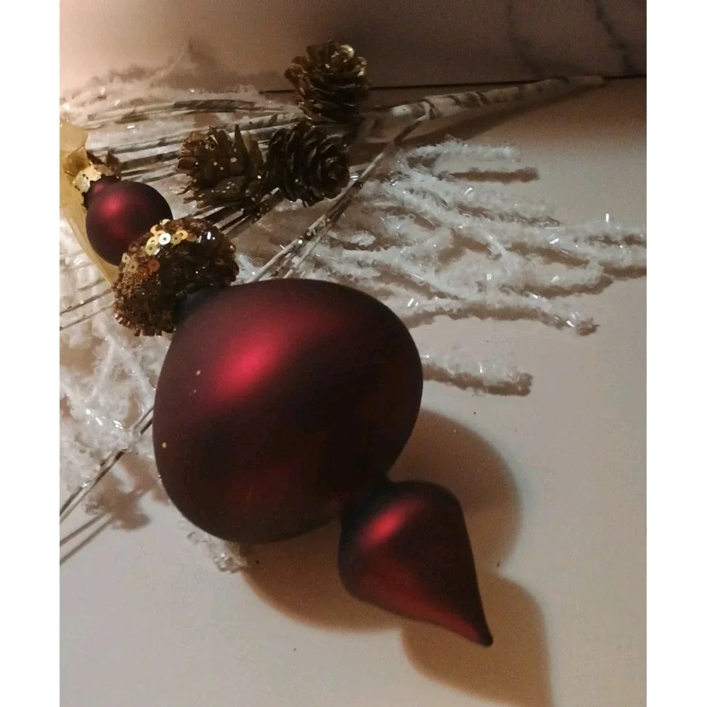 Pair Of Frontgate Glass Ornament Glitter Beaded Maroon‎ & Gold Finial Shape